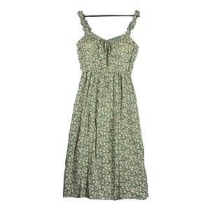 AUW Women's XL‎ Green Floral Smocked Tie-Front Ruffle Strap Midi Dress Boho